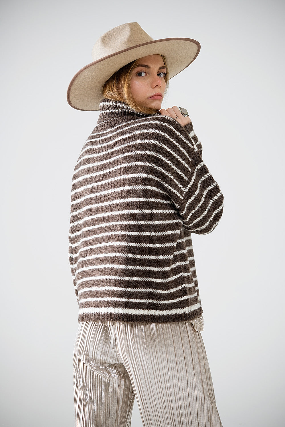 soft knit striped turtleneck sweater in brown
