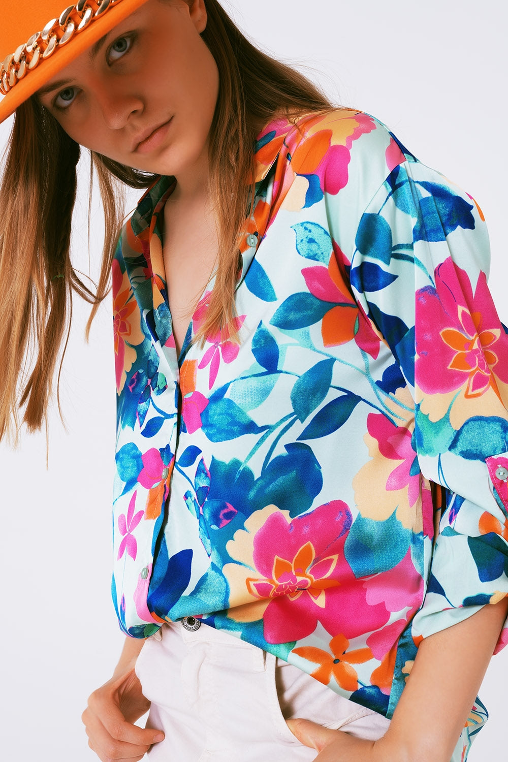 soft satin blouse with flower print