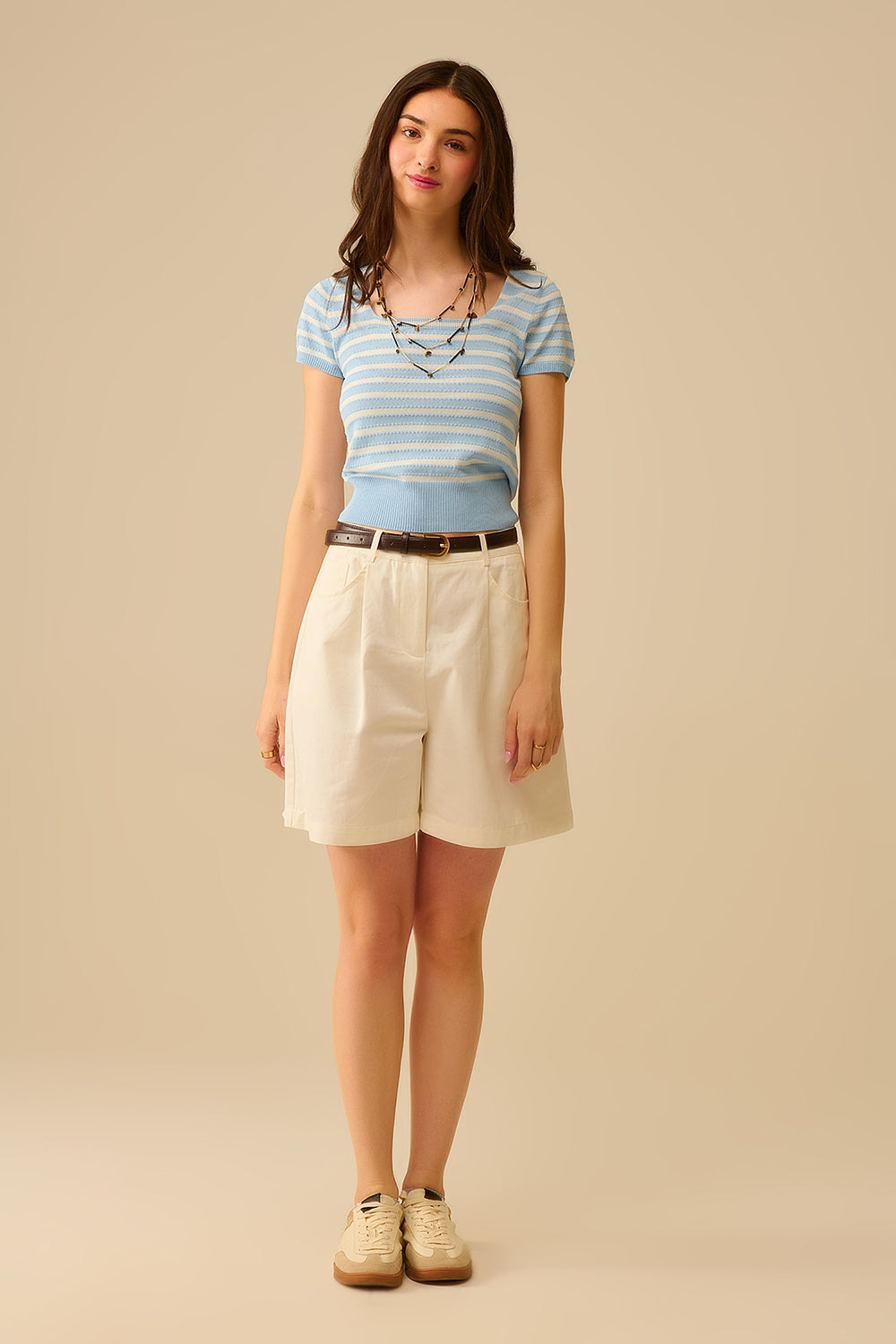 Square neck Stripped Sweater in baby blue and White