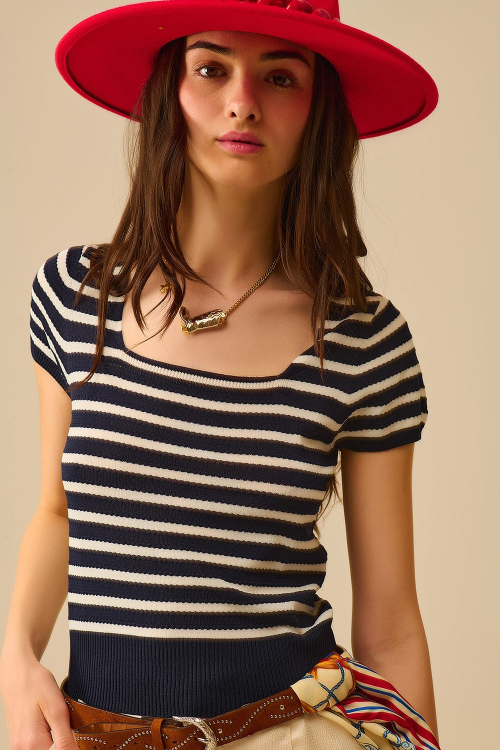 Square neck Stripped Sweater in navy and White