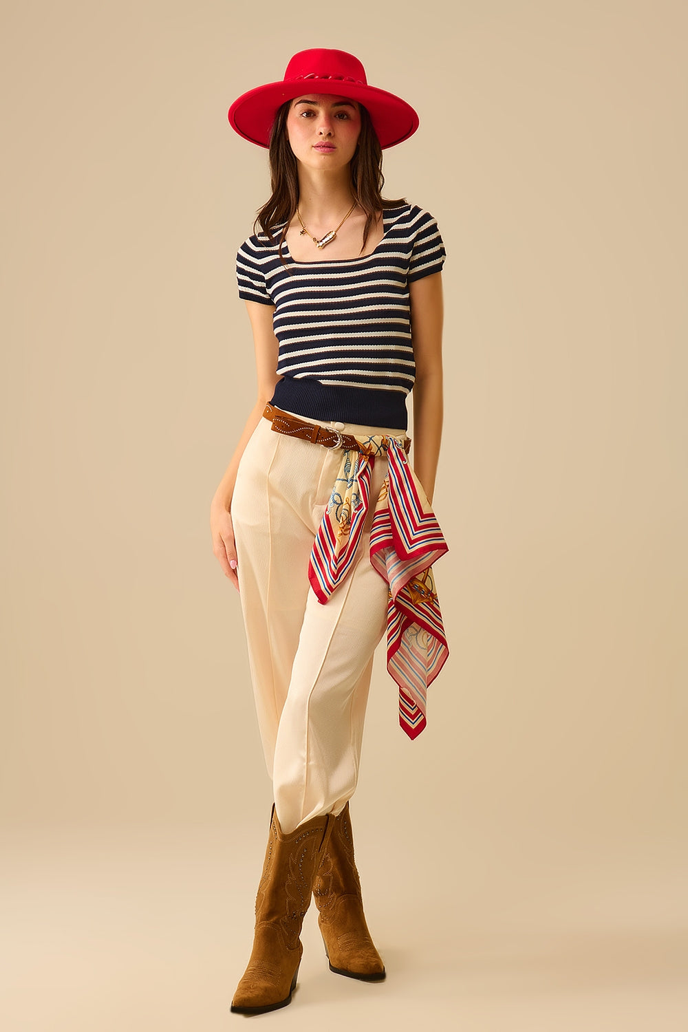 Square neck Stripped Sweater in navy and White
