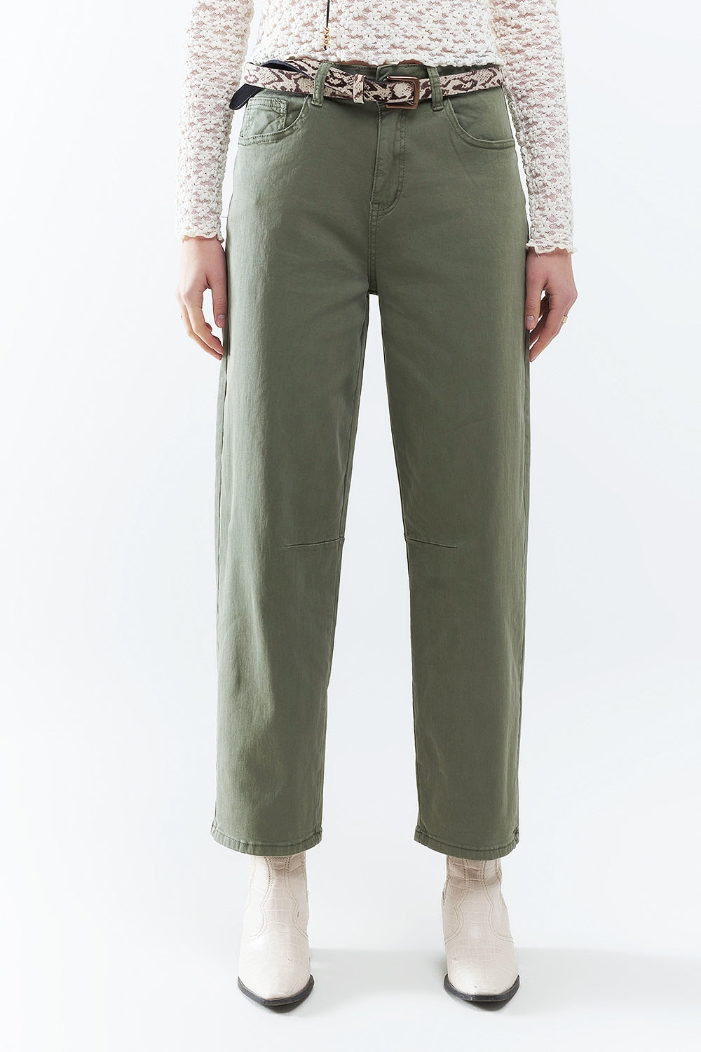 Q2 Straight Ankle-Length Pants in khaki with Knee Seam Detail