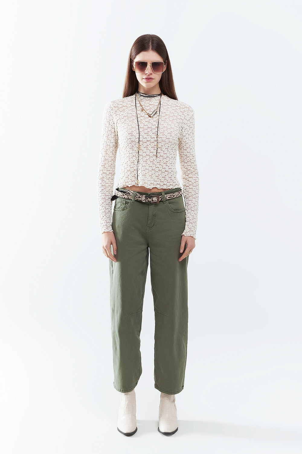 Straight Ankle-Length Pants in khaki with Knee Seam Detail