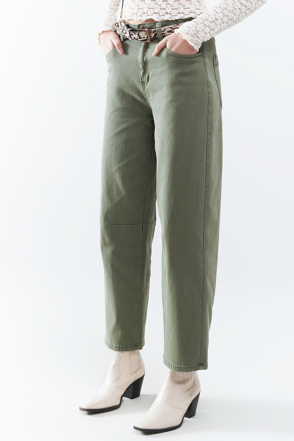 Straight Ankle-Length Pants in khaki with Knee Seam Detail