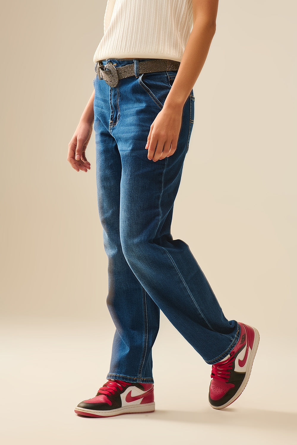 Straight Fit Jeans With Side Pockets in Mid Blue