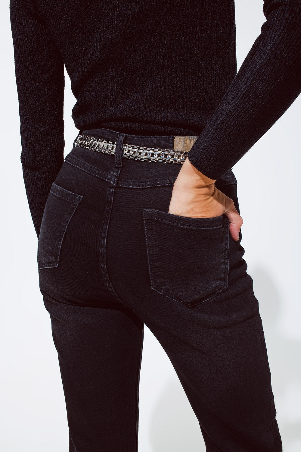 Straight jeans in black with silver strass details
