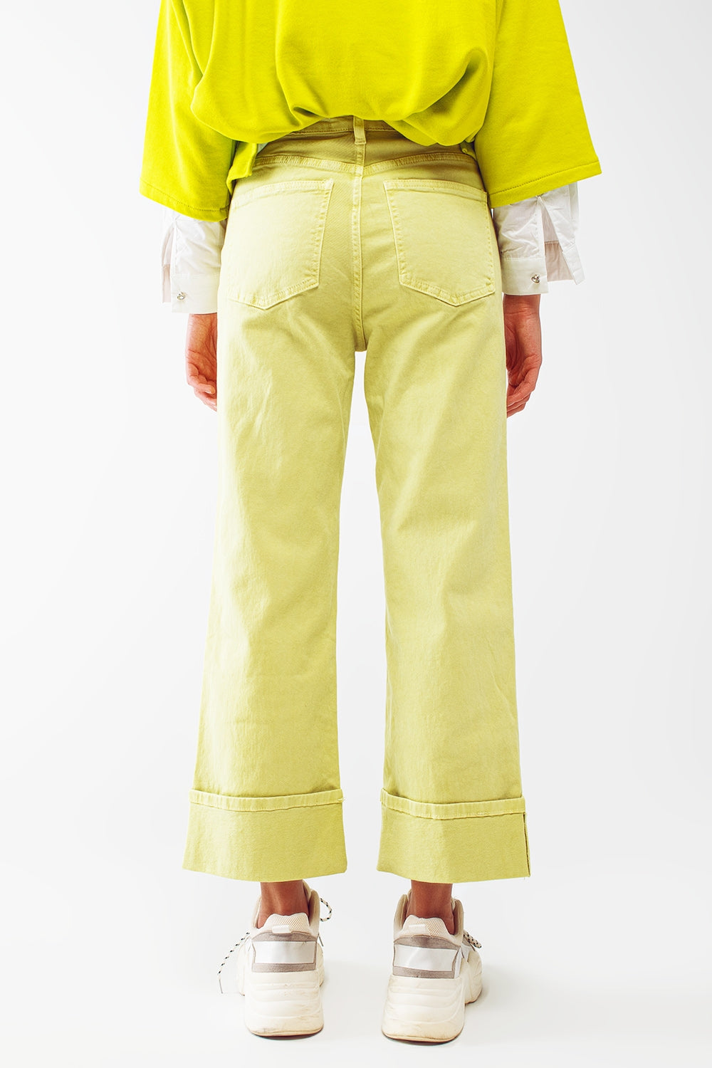 Straight Leg Jeans with Cropped Hem in Lime Green