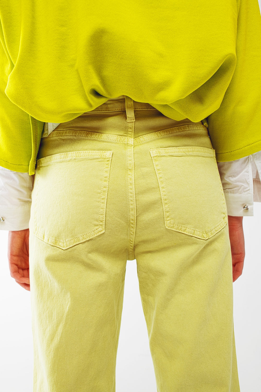 Straight Leg Jeans with Cropped Hem in Lime Green