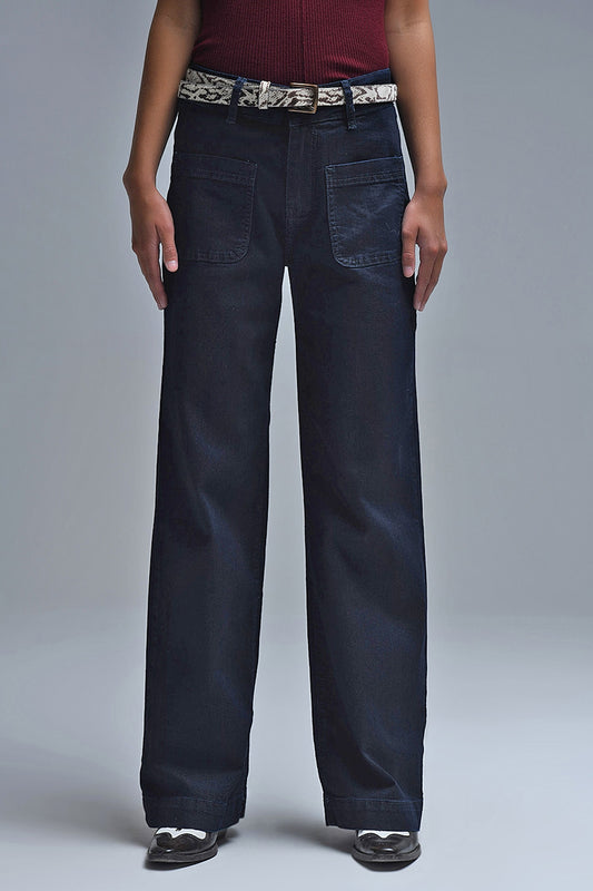 Q2 Straight Marine Jeans With Pocket Detail in Deep Blue