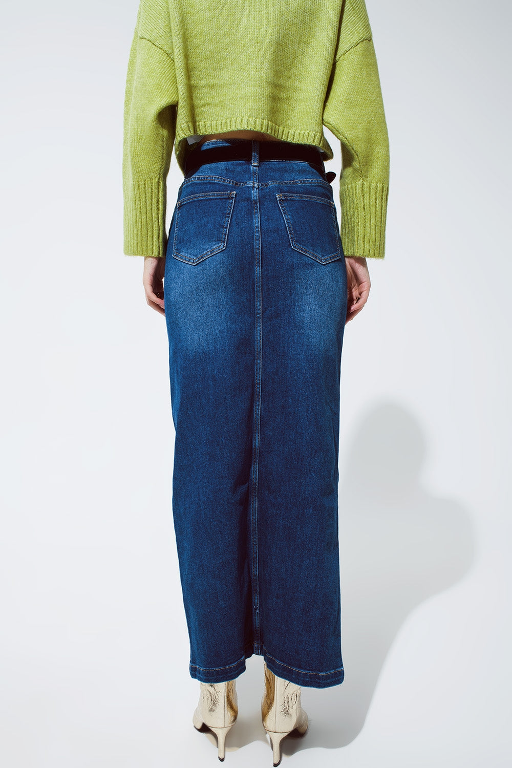 Stretch Denim Maxi Skirt With Slit At The Front In Mid Wash