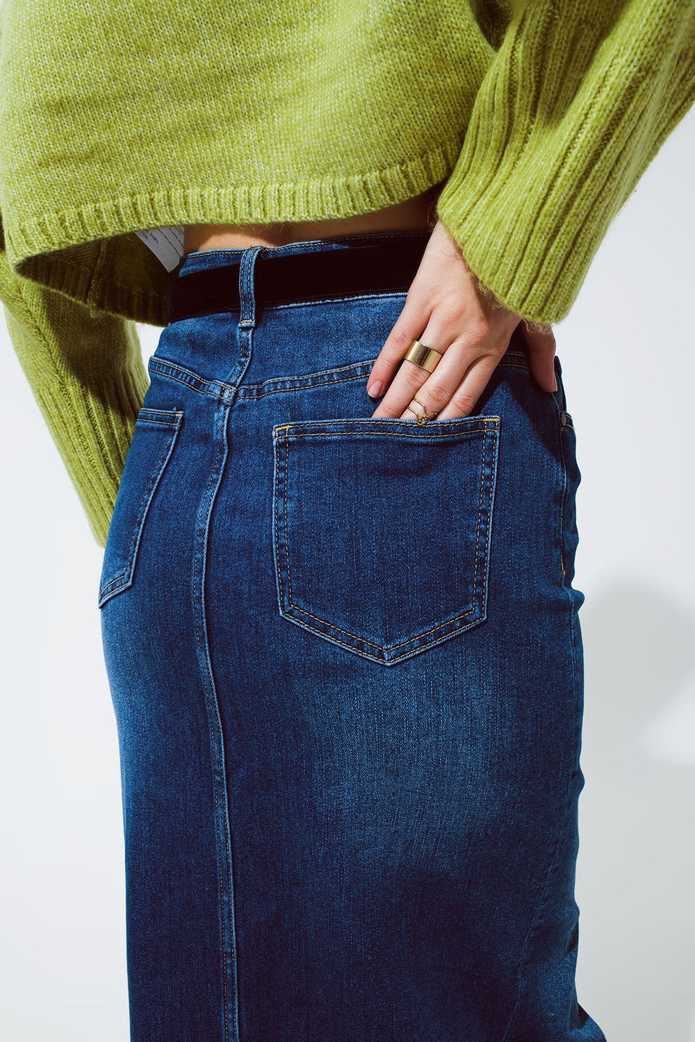 Stretch Denim Maxi Skirt With Slit At The Front In Mid Wash