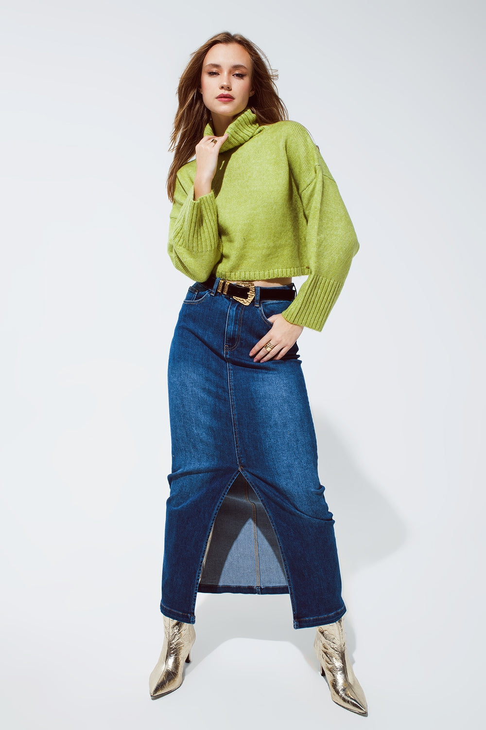 Stretch Denim Maxi Skirt With Slit At The Front In Mid Wash