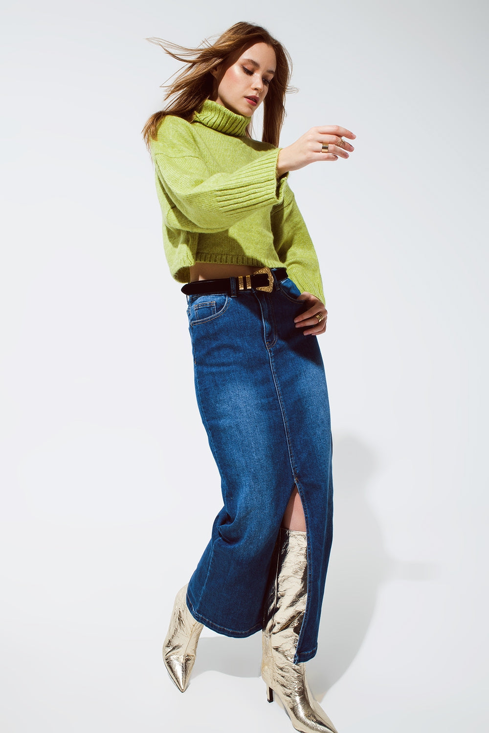Stretch Denim Maxi Skirt With Slit At The Front In Mid Wash