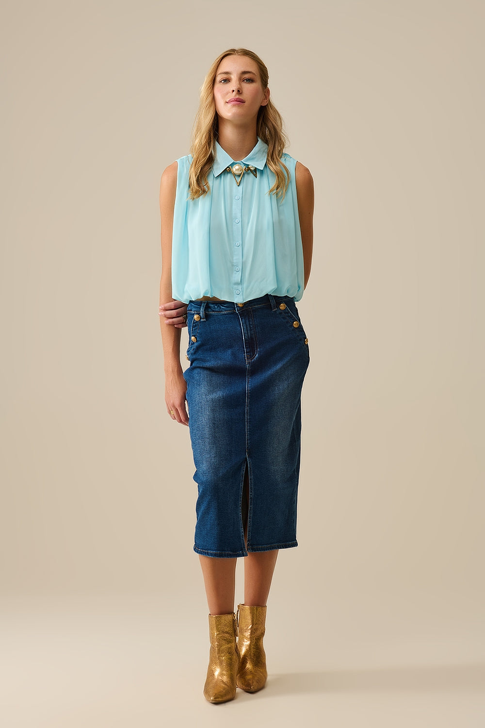 Stretch Denim Midi Skirt With Gold Button Details