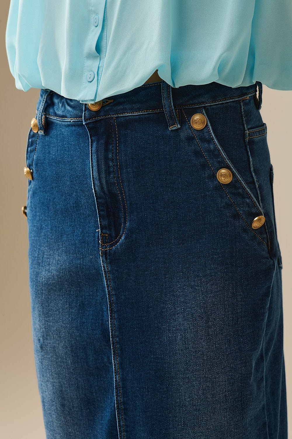 Stretch Denim Midi Skirt With Gold Button Details