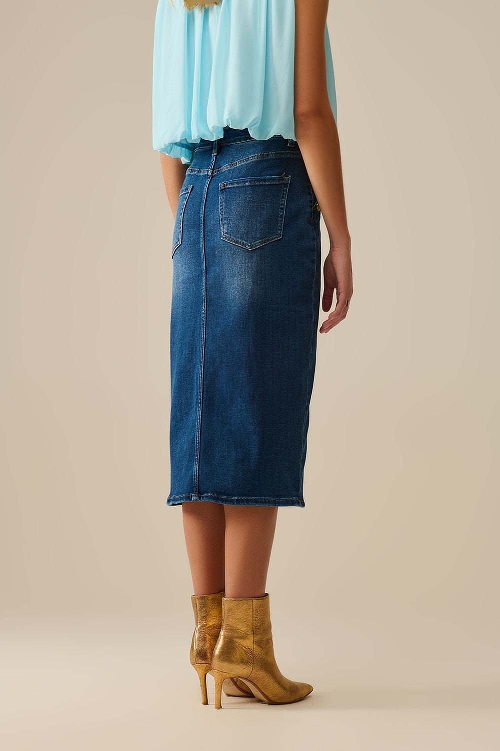 Stretch Denim Midi Skirt With Gold Button Details