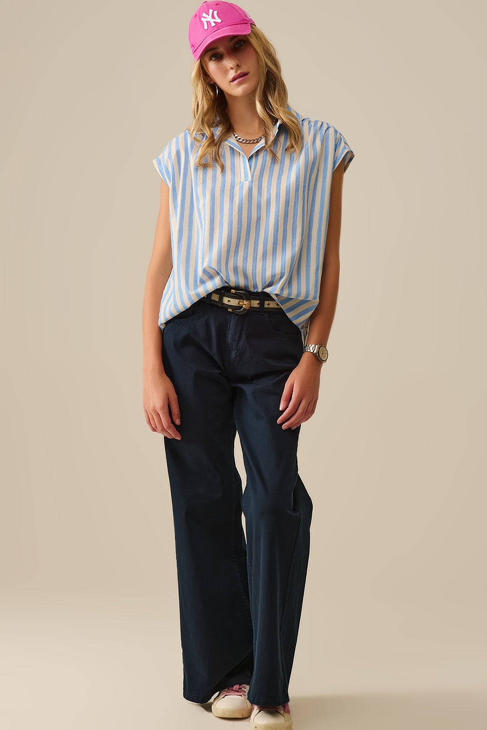 Striped dropped sleeves Blouse in Blue
