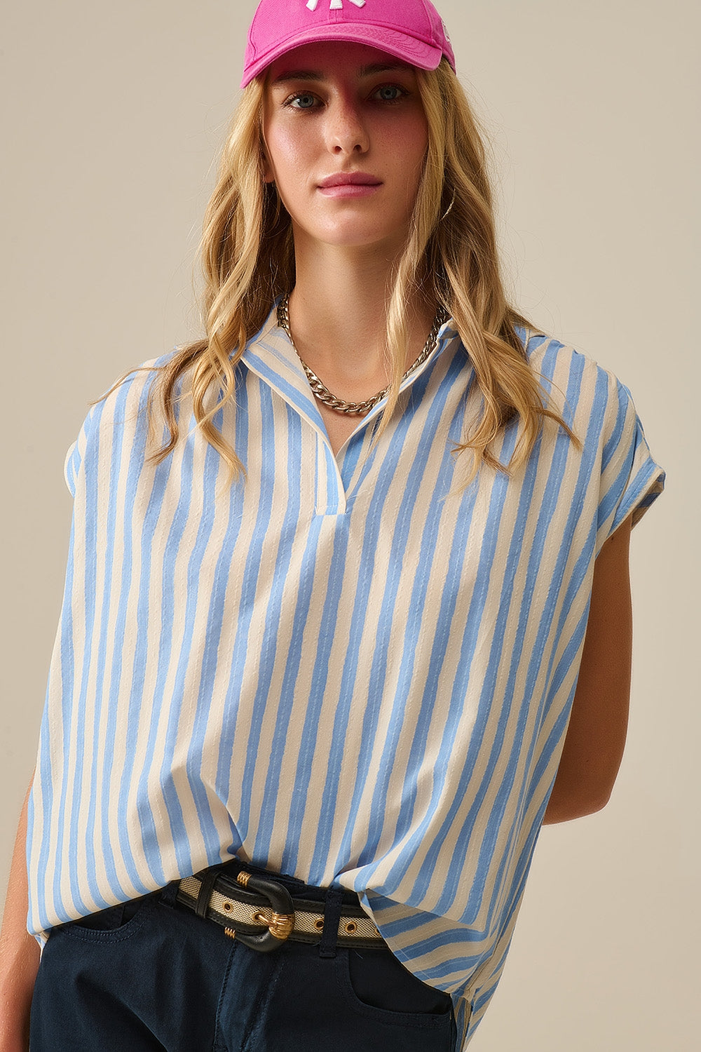 Striped dropped sleeves Blouse in Blue