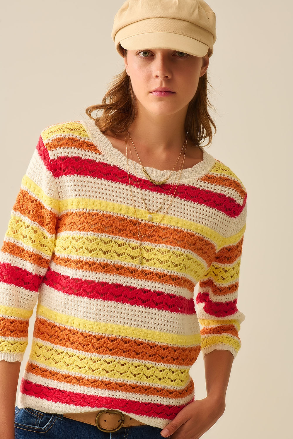 Summer Knitted Striped Sweater in Warm Tones