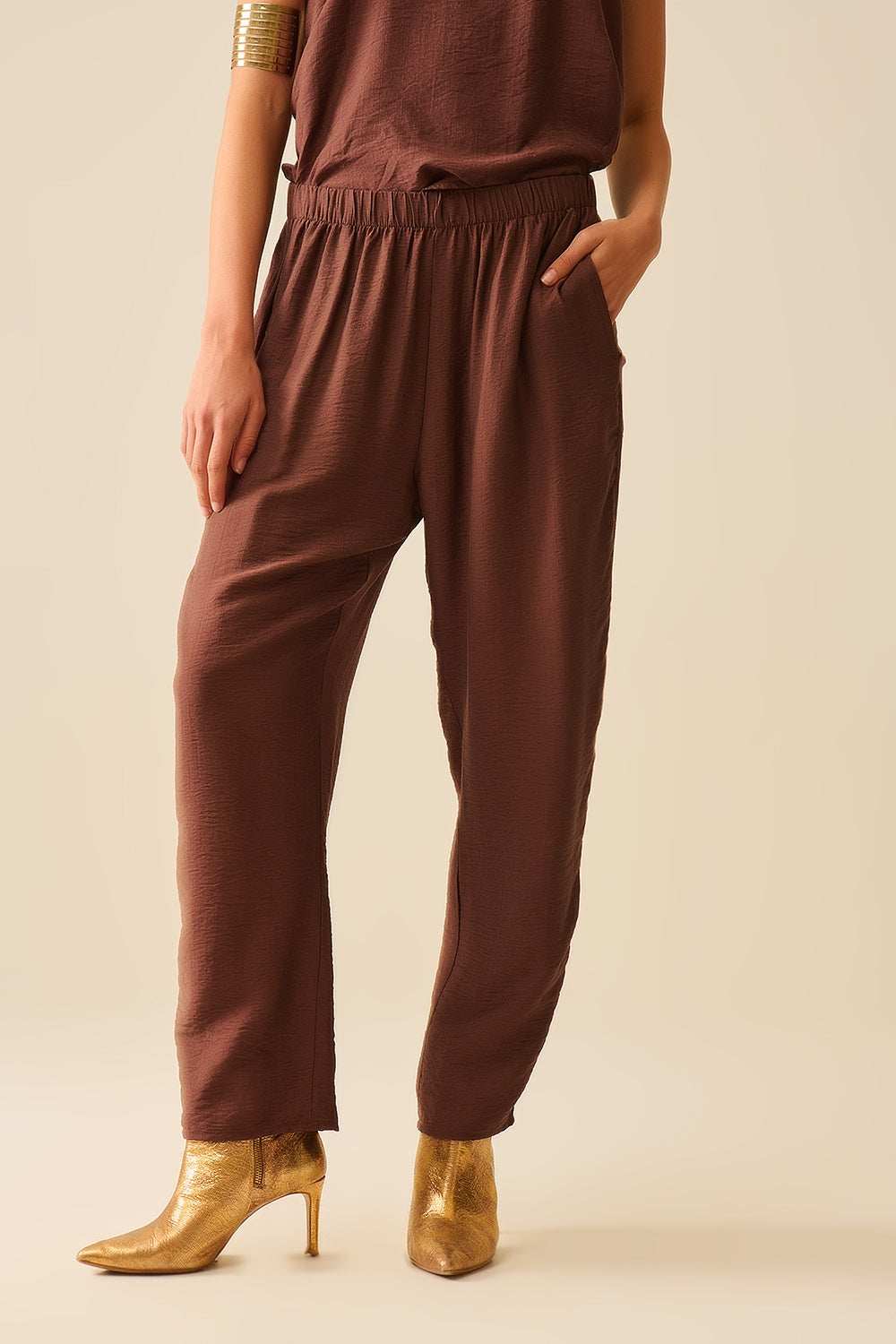 Summery Pants With Elastic Waist and Pockets In Brown