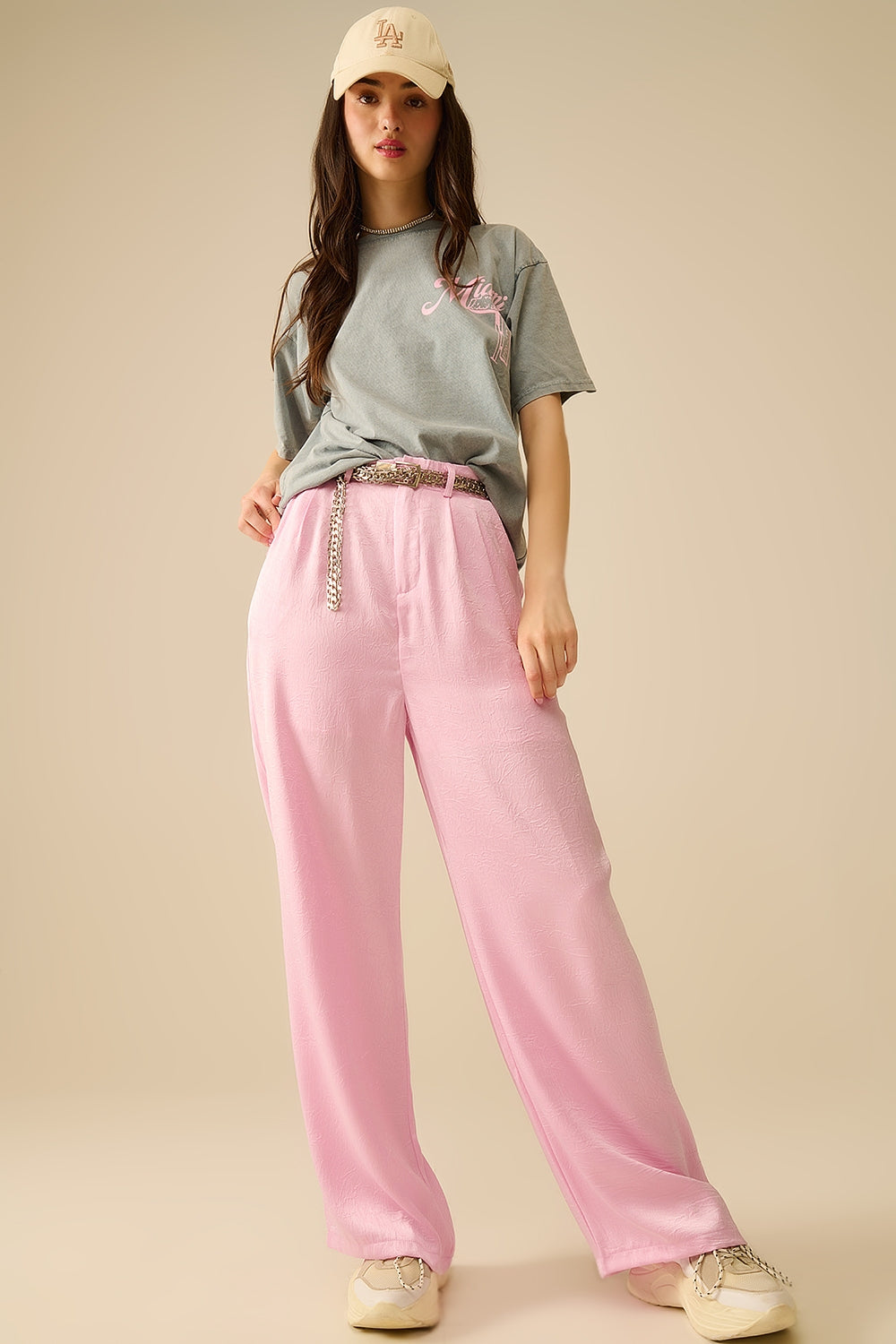 Tailored satin Pants With Wide Leg in Pink