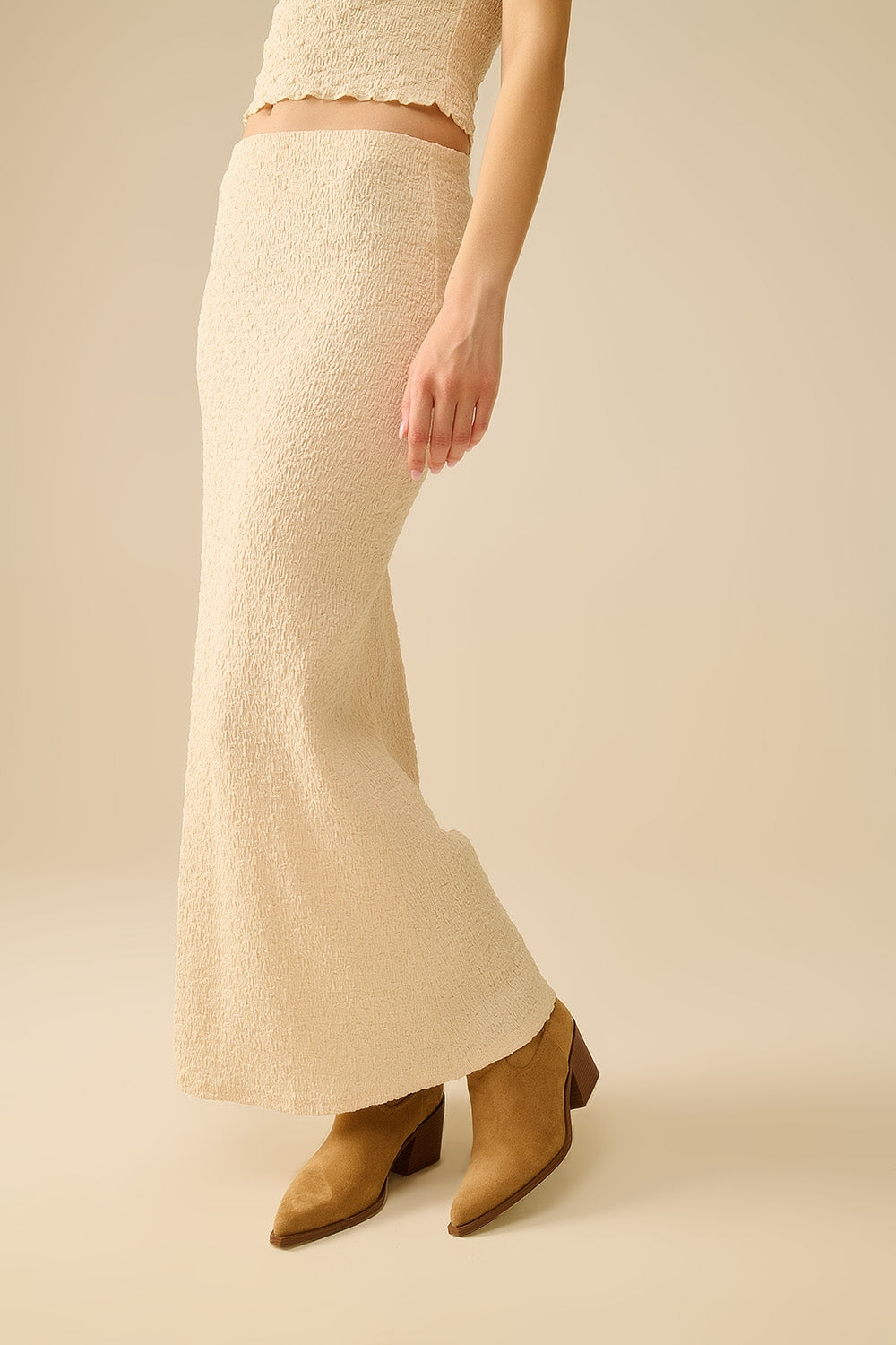 Textured Knitted Maxi Skirt in Beige