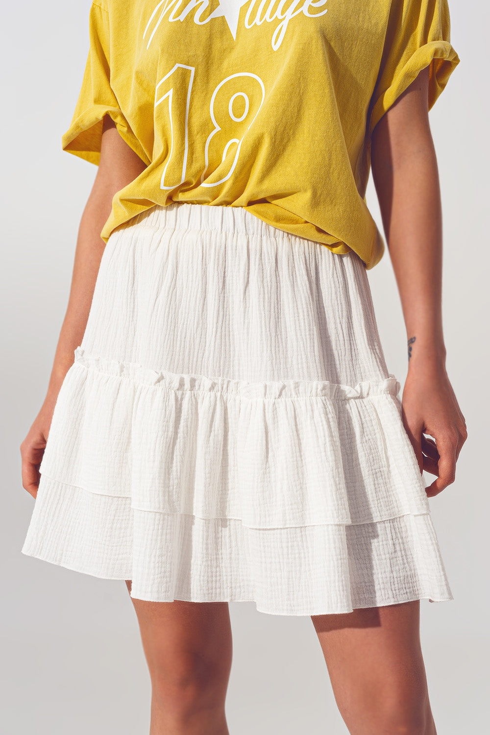 Textured Ruffle Mini Skirt in White