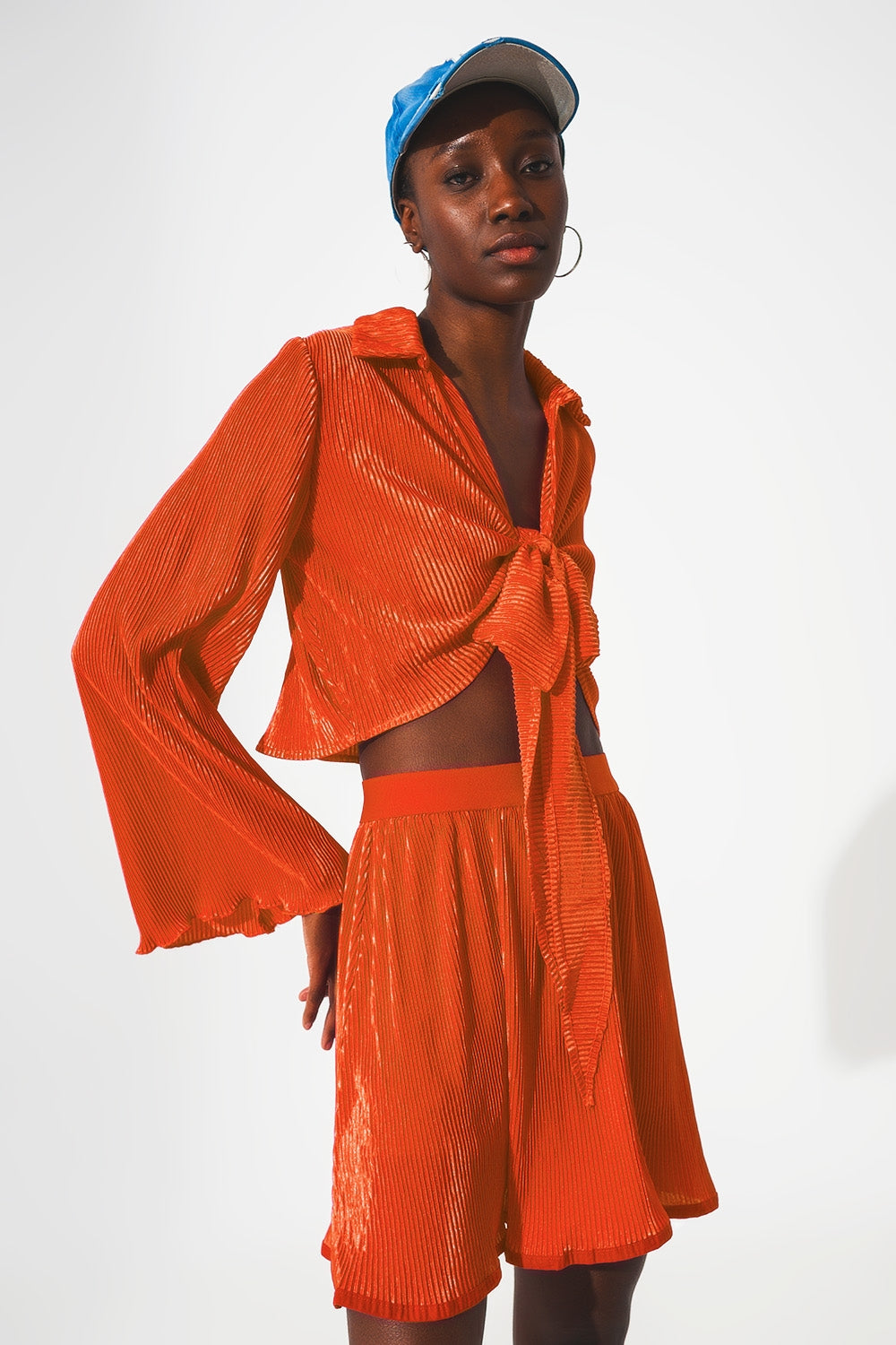 Tie front pleated crop top  in orange