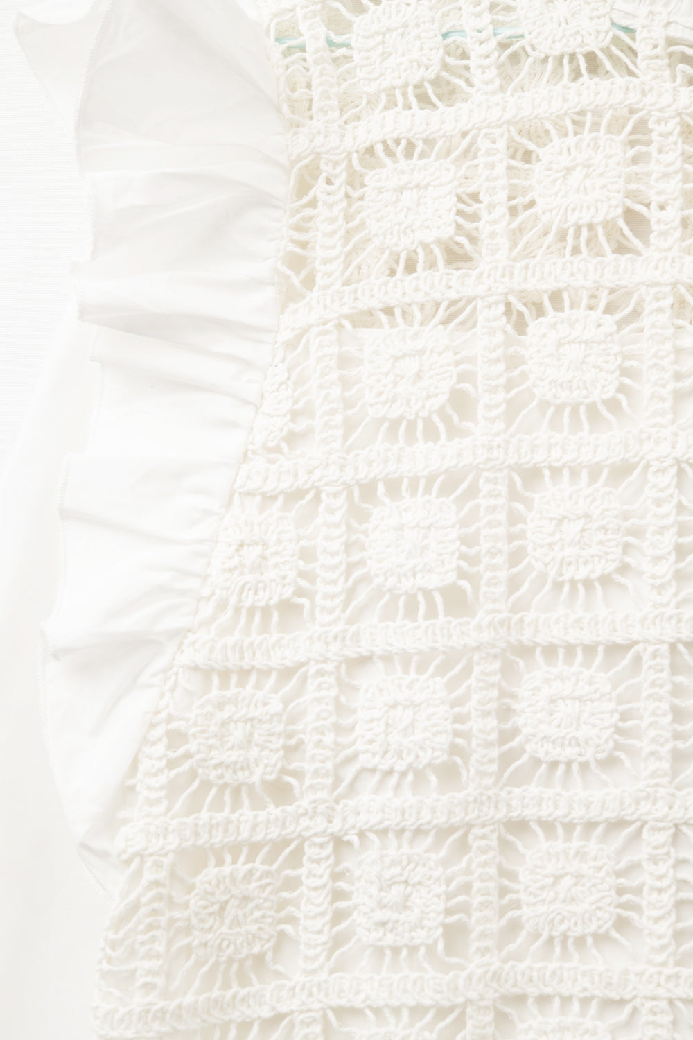 white Crochet Top with Ruffle Trim and long sleeves