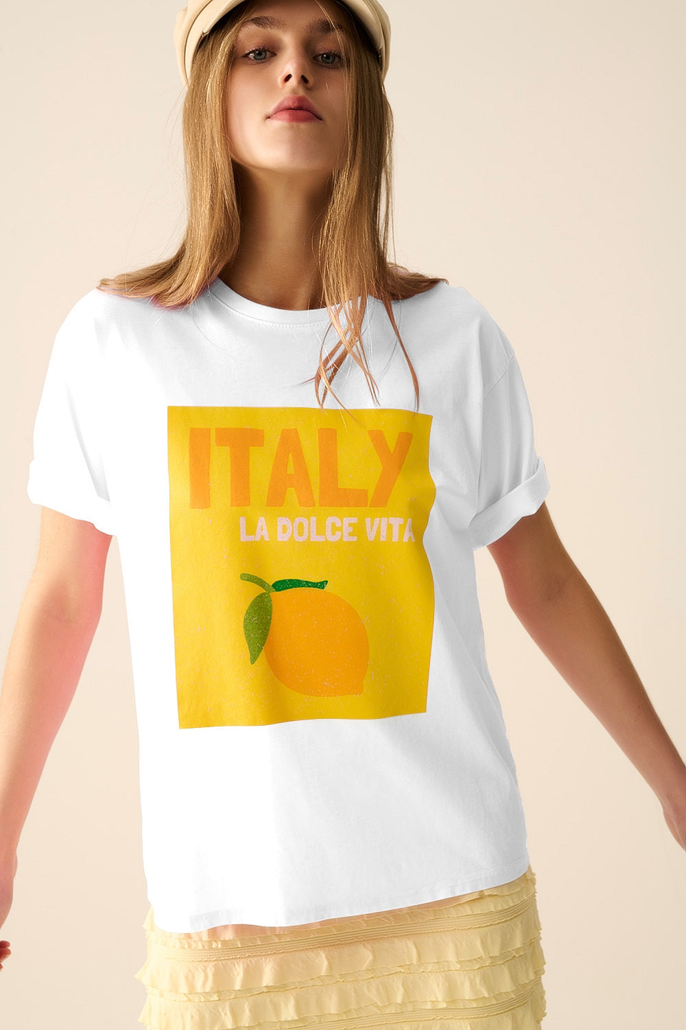 White Italy Dolce Vita T-shirt With Lemon Graphic Print