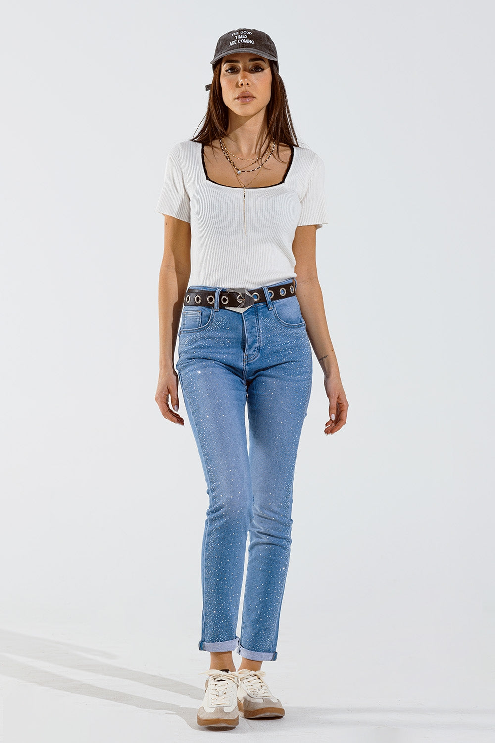 White Knitted Short Sleeve Sweater With Square Neck and Black Trim
