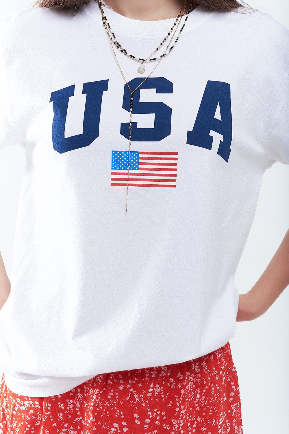 White loose long t-shirt with USA logo