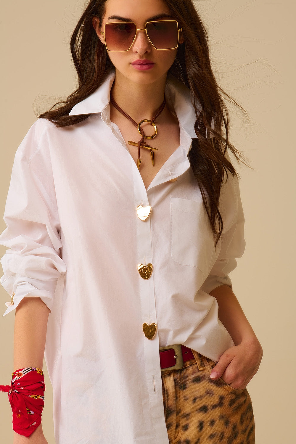 White Oversized Blouse with Gold Heart Buttons Secrets of Fashion White Oversized Blouse with Gold Heart Buttons Secrets of Fashion