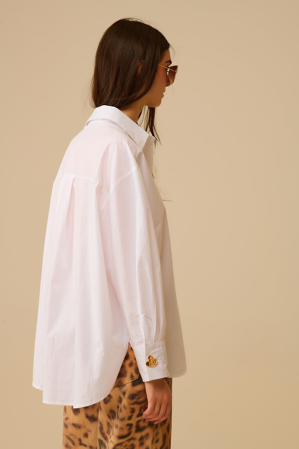 White Oversized Blouse with Gold Heart Buttons