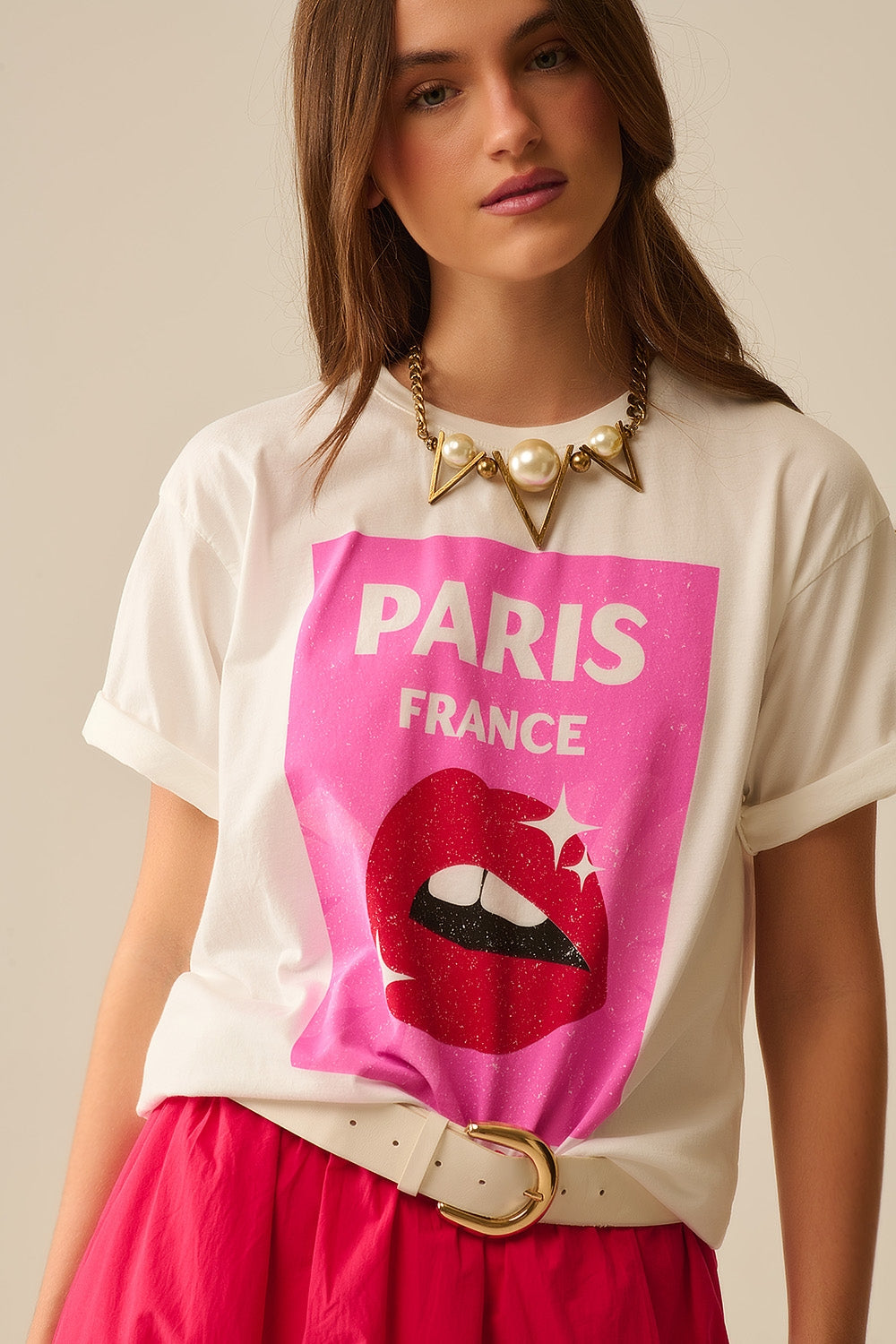 Q2 White Relaxed T-shirt With Lip Print made in Italy