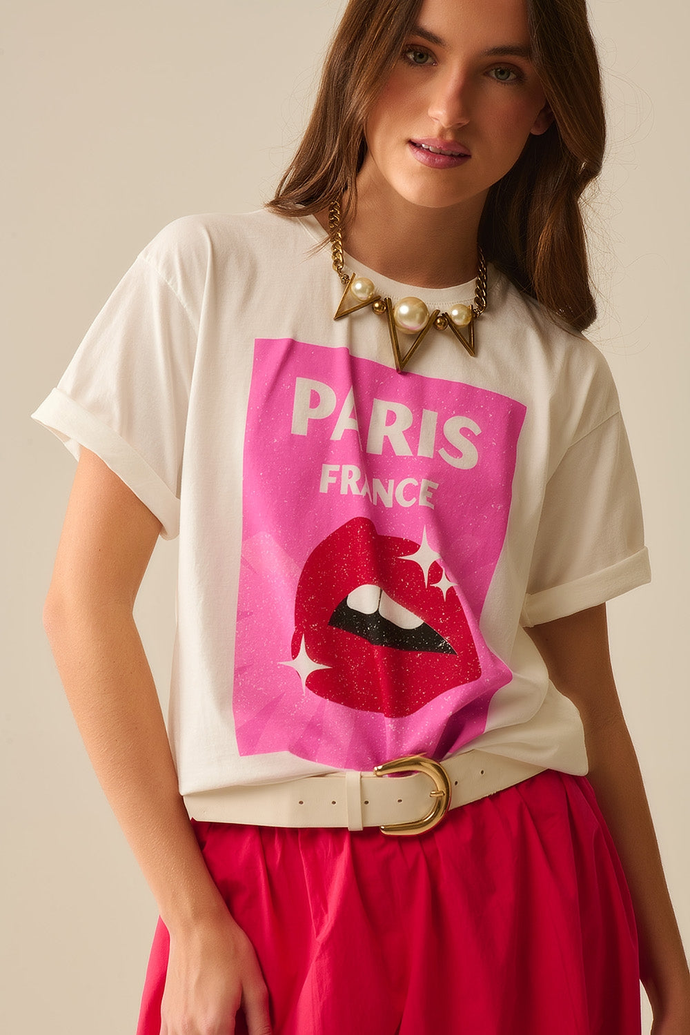 White Relaxed T-shirt With Lip Print made in Italy