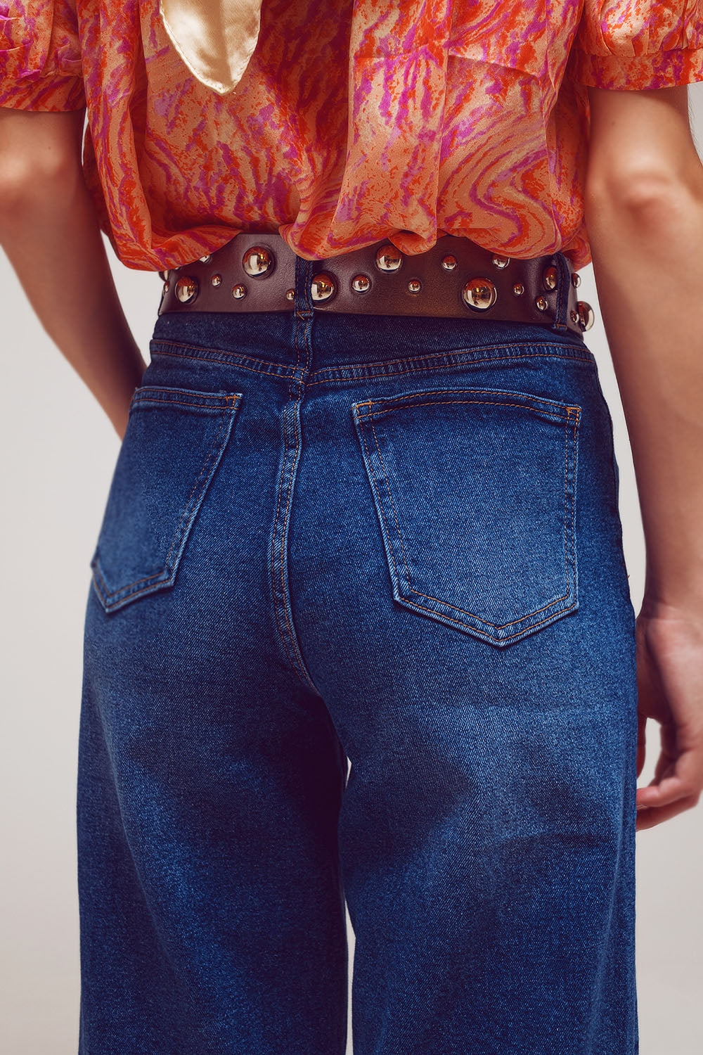 Wide Leg Jeans With Hem Detail in Mid Wash