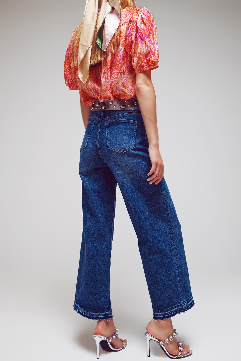 Wide Leg Jeans With Hem Detail in Mid Wash