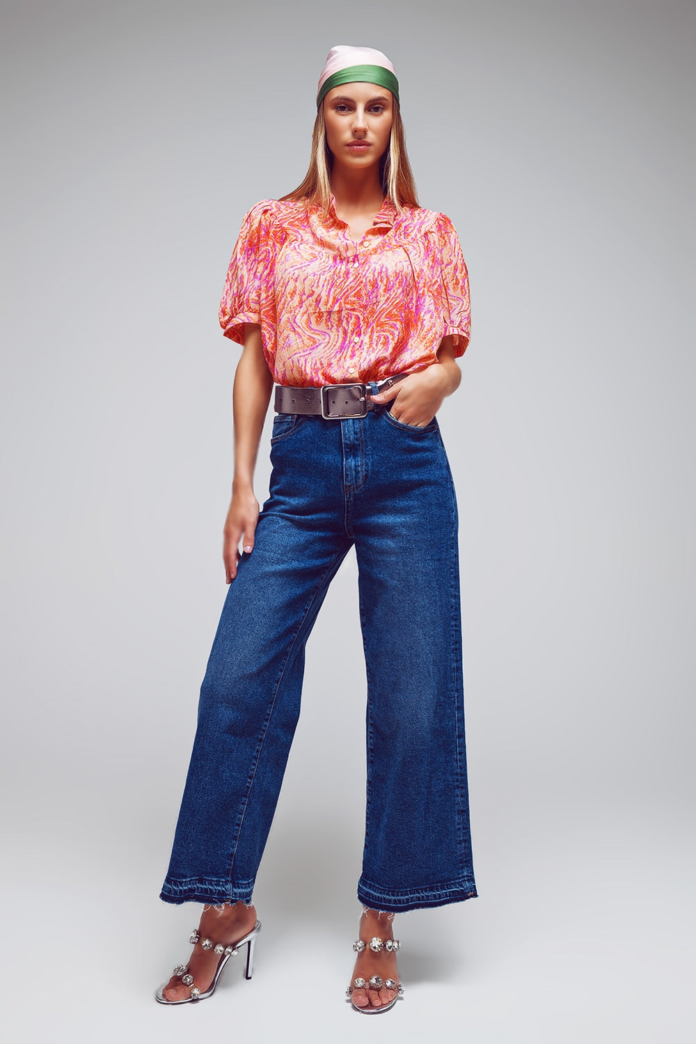 Wide Leg Jeans With Hem Detail in Mid Wash