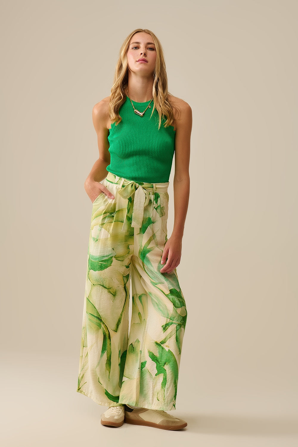 Wide Leg Trousers with Green Watercolor Print