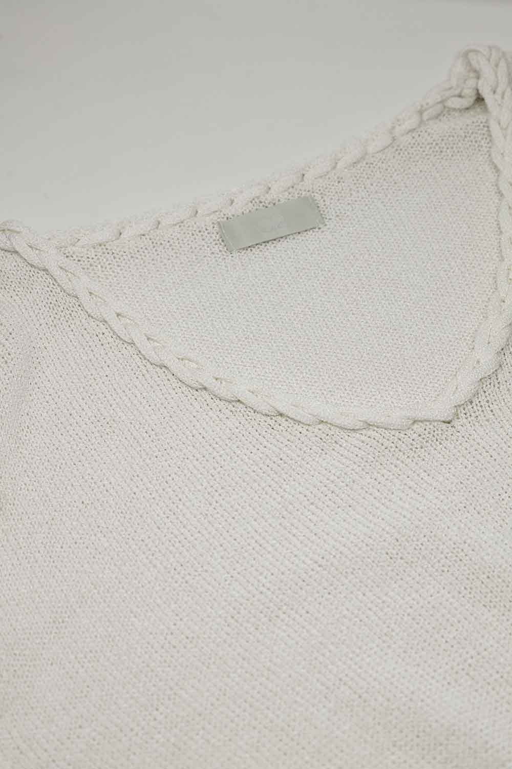 Wide V-neck cream Sweater With Braided Detail