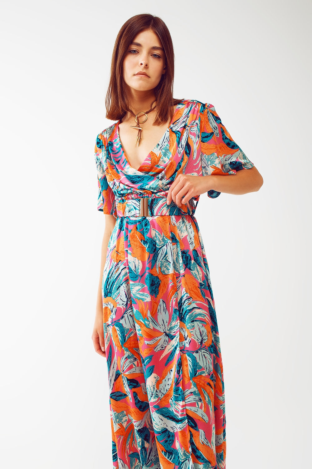 Wrap Maxi Belted Dress With Floral Print In Orange