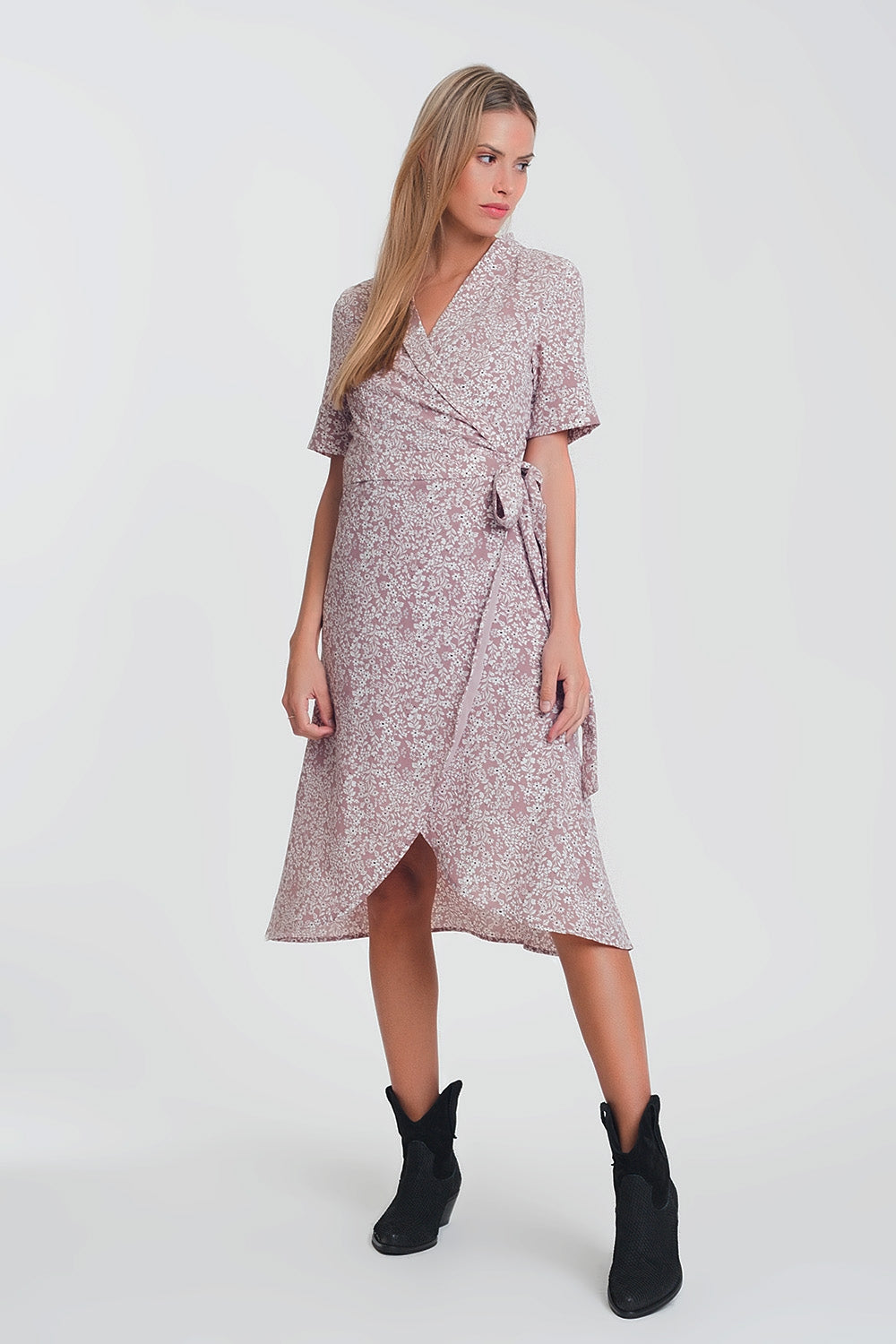 dark pink wrap midi dress in mixed print Pink Floral Dress - Jacquard Wrap Midi Dress - Midi Wrap Dress