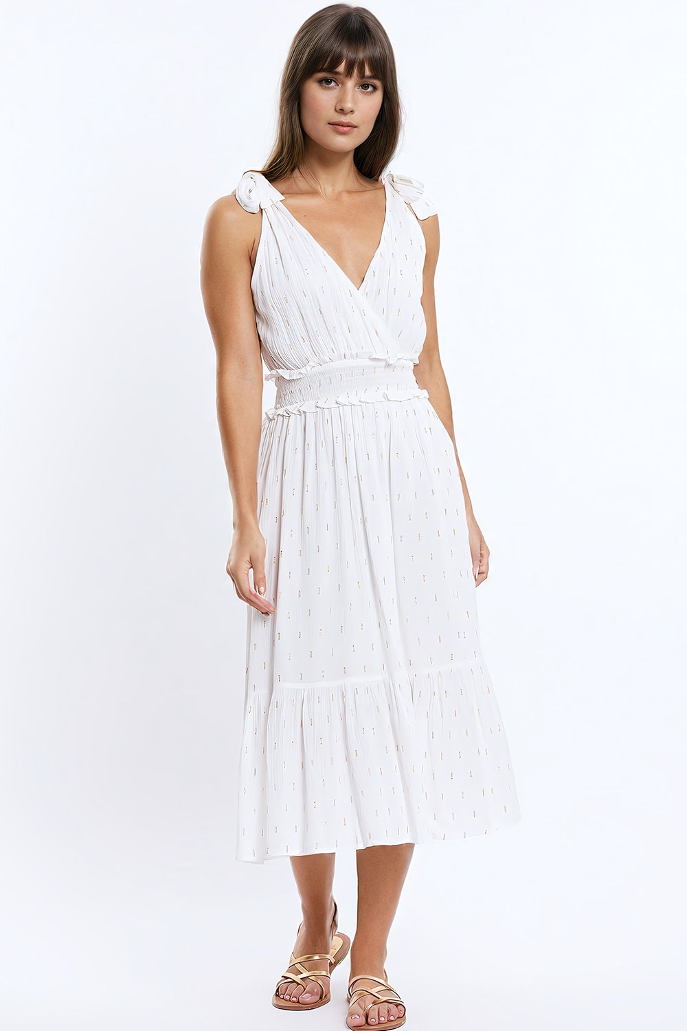 Wrapped White Midi Dress With Smock Detail At The Waist and Golden Pol Secrets of Fashion Wrapped White Midi Dress With Smock Detail At The Waist and Golden Pol Secrets of Fashion