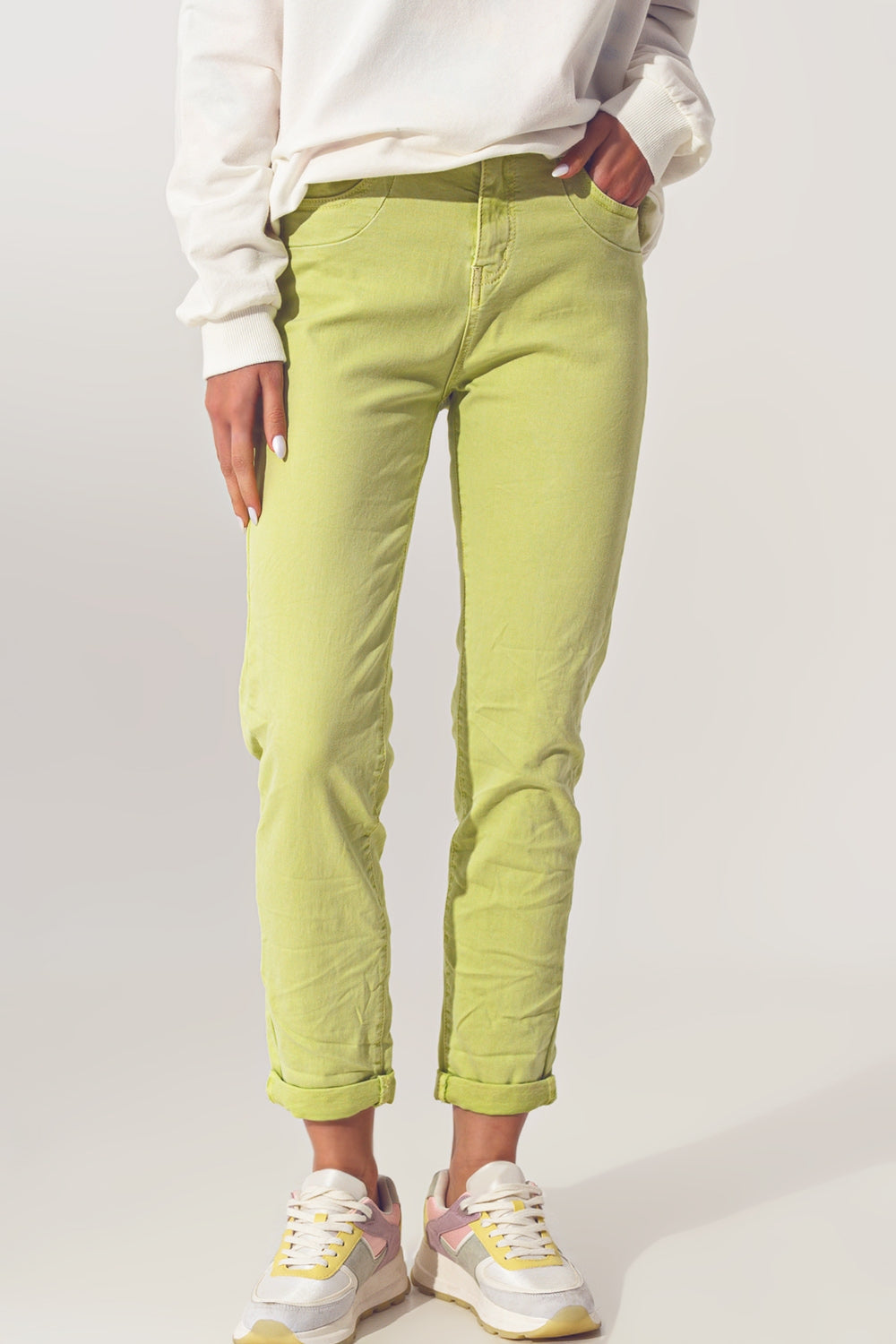 Wrinkled Skinny Jeans in Lime Green