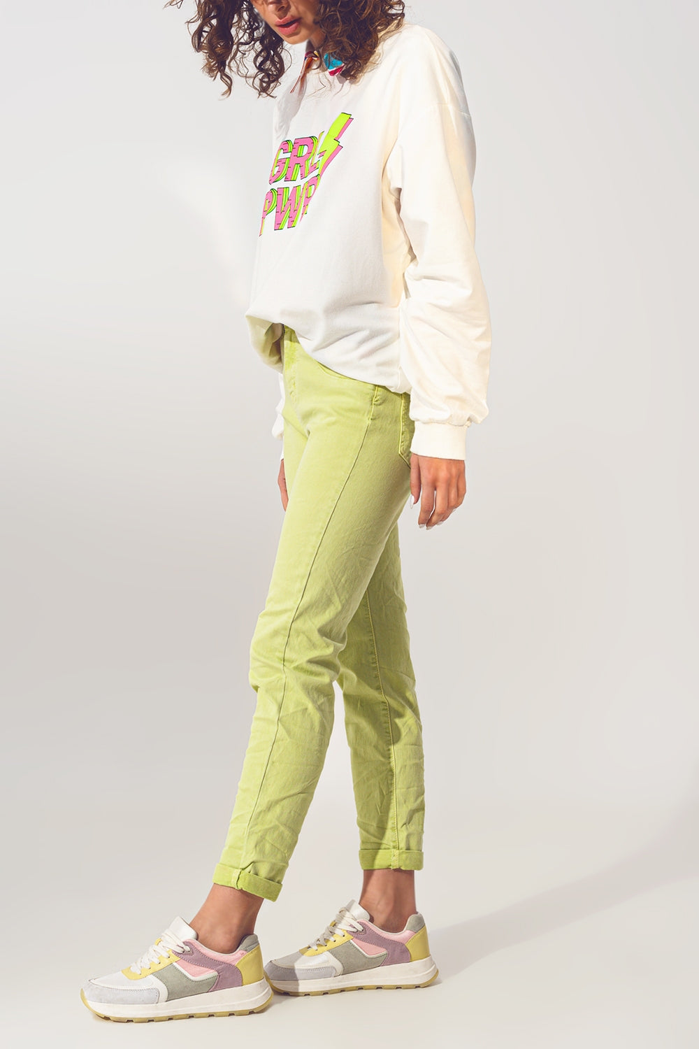 Wrinkled Skinny Jeans in Lime Green