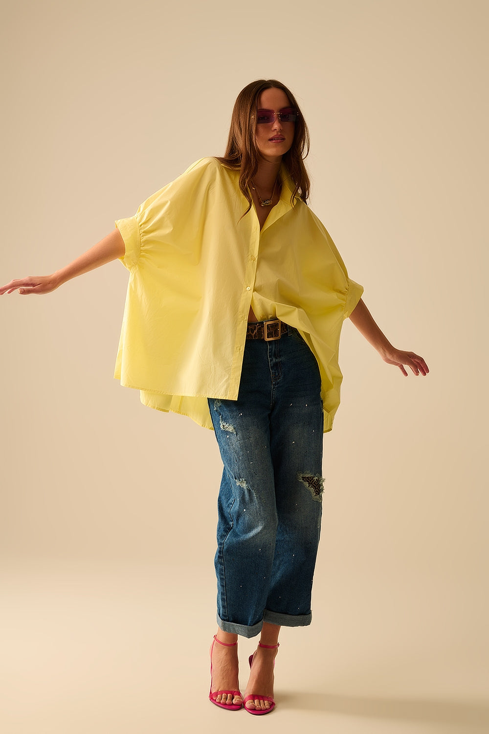 Yellow oversized blouse with short sleeve