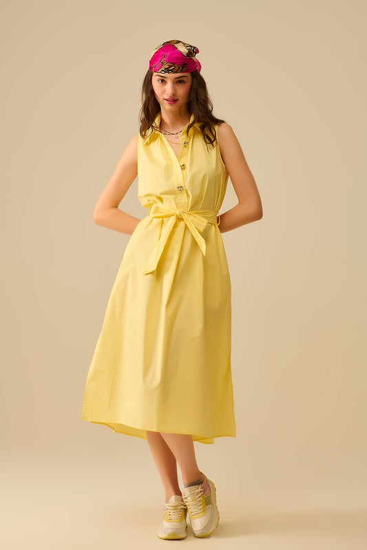 Q2 Yellow poplin midi dress with silver heart-shaped buttons