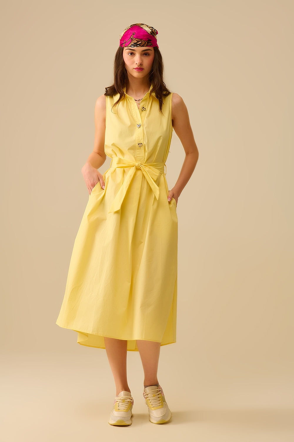 Yellow poplin midi dress with silver heart-shaped buttons