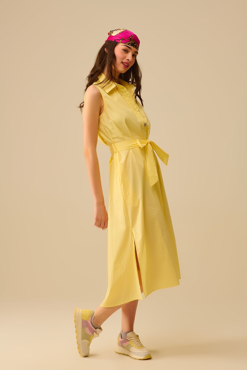 Yellow poplin midi dress with silver heart-shaped buttons